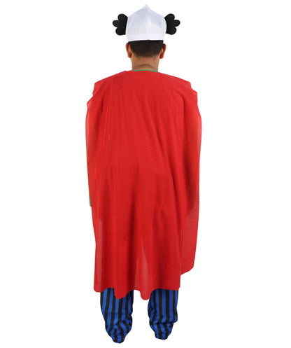 Adult Men's Gaulish Warrior Sidekick Costume | Ancient Hero Green Tunic Blue Striped Pants Red Cape | Comic Book Halloween Stage Performance Wardrobe Piece