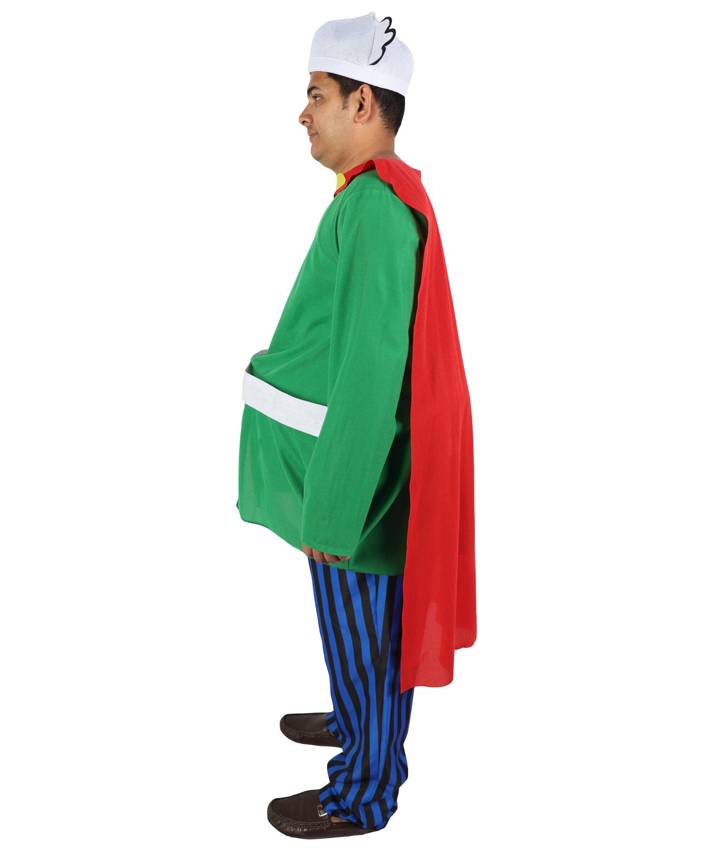 Adult Men's Gaulish Warrior Sidekick Costume | Ancient Hero Green Tunic Blue Striped Pants Red Cape | Comic Book Halloween Stage Performance Wardrobe Piece