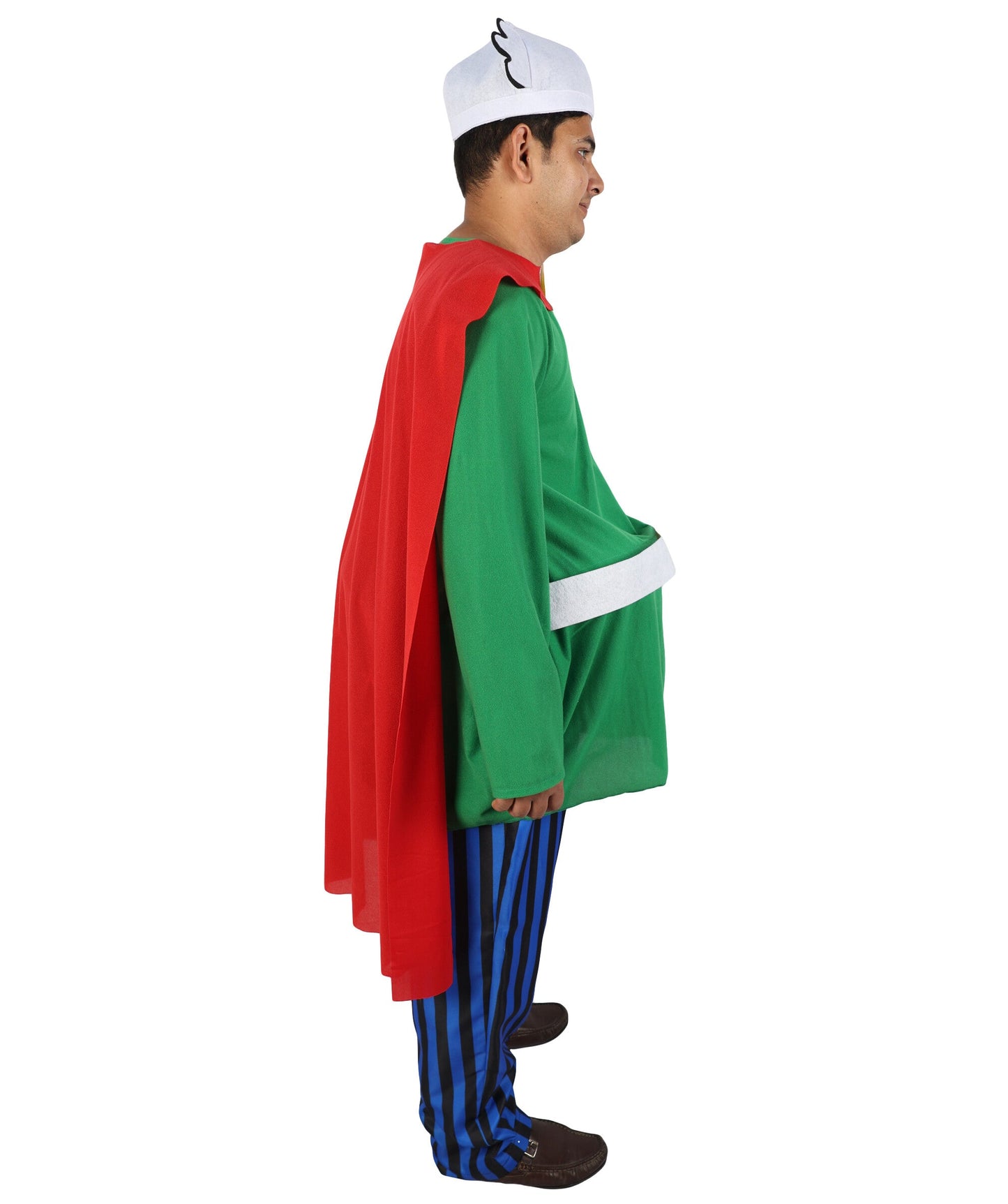 Adult Men's Gaulish Warrior Sidekick Costume | Ancient Hero Green Tunic Blue Striped Pants Red Cape | Comic Book Halloween Stage Performance Wardrobe Piece