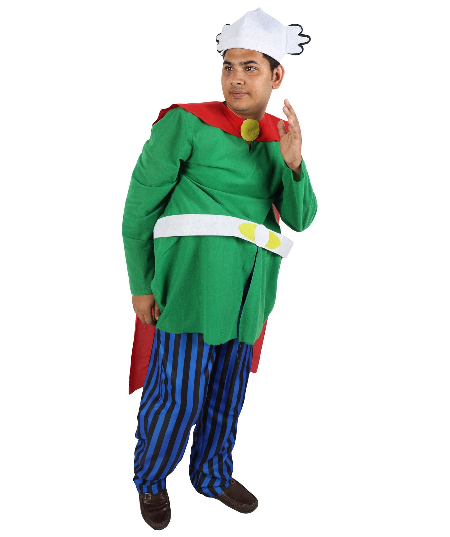 Adult Men's Gaulish Warrior Sidekick Costume | Ancient Hero Green Tunic Blue Striped Pants Red Cape | Comic Book Halloween Stage Performance Wardrobe Piece