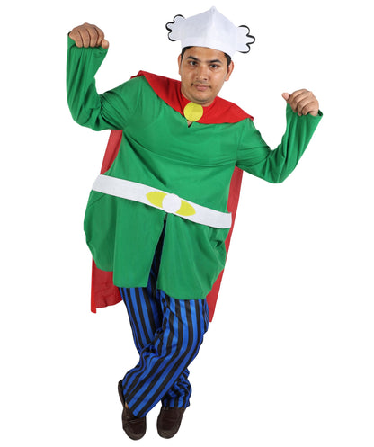 Adult Men's Gaulish Warrior Sidekick Costume | Ancient Hero Green Tunic Blue Striped Pants Red Cape | Comic Book Halloween Stage Performance Wardrobe Piece
