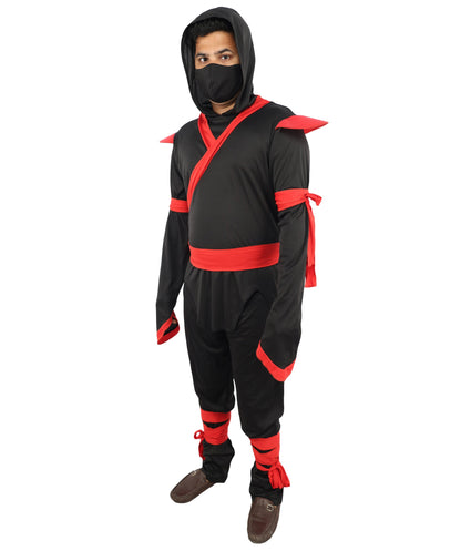 Adult Black Red Ninja Costume Set | Shirt Pants Belt Hood Outfit | Ideal for Halloween and Cosplay