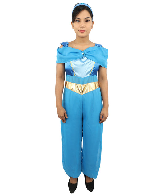 Women’s Blue Arabian Princess Costume | Fantasy Outfit with Head Accessory | Genie-Style Outfit for Halloween, Cosplay & Themed Parties