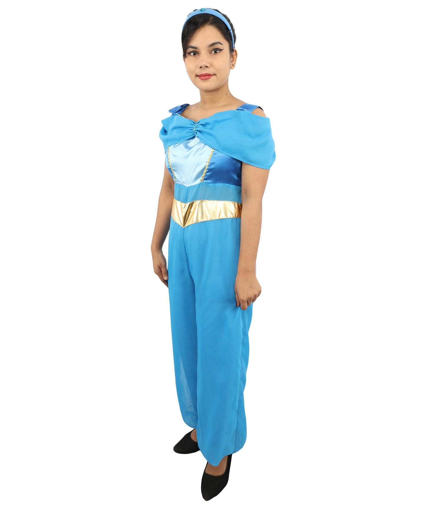 Women’s Blue Arabian Princess Costume | Fantasy Outfit with Head Accessory | Genie-Style Outfit for Halloween, Cosplay & Themed Parties