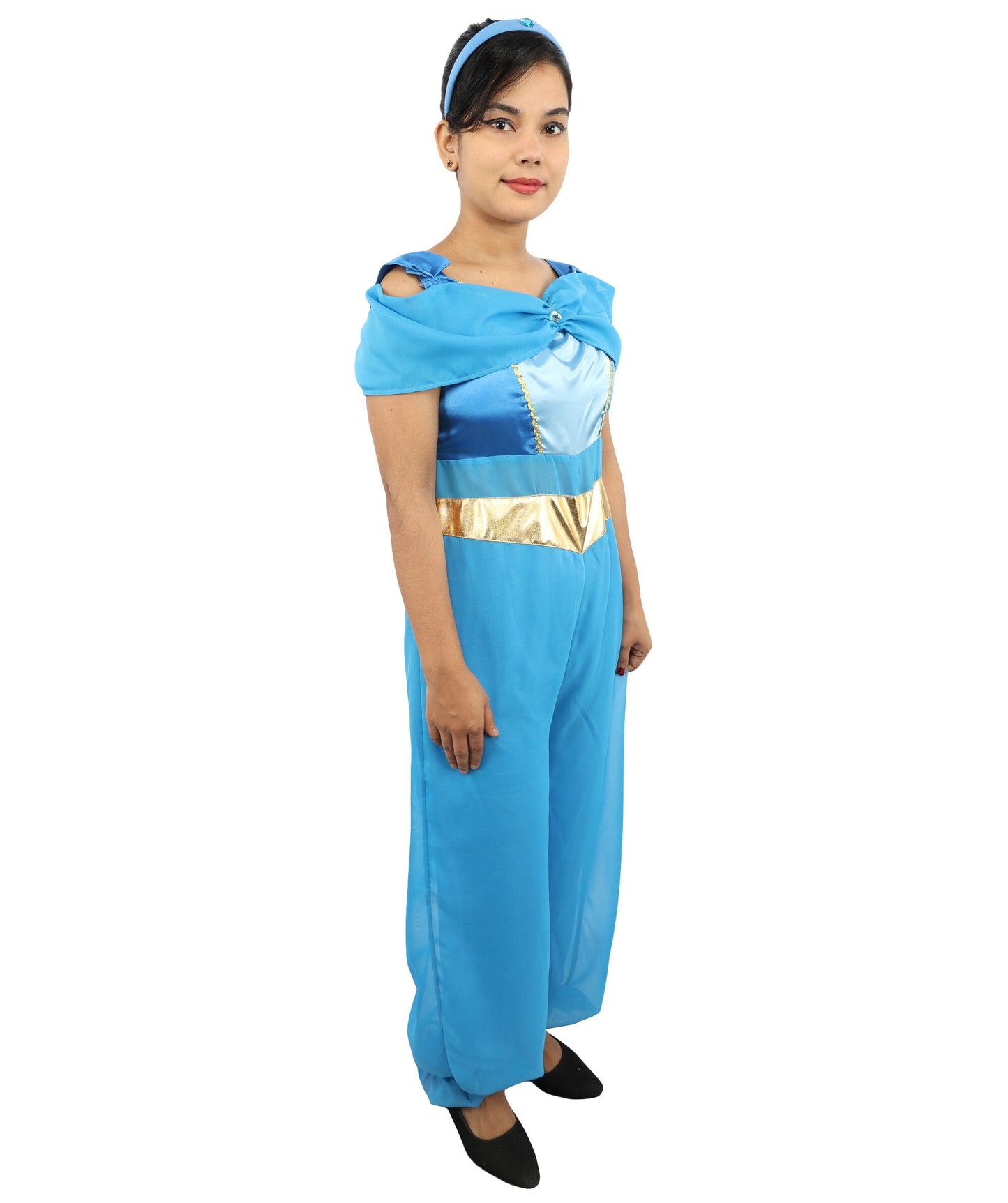 Women’s Blue Arabian Princess Costume | Fantasy Outfit with Head Accessory | Genie-Style Outfit for Halloween, Cosplay & Themed Parties