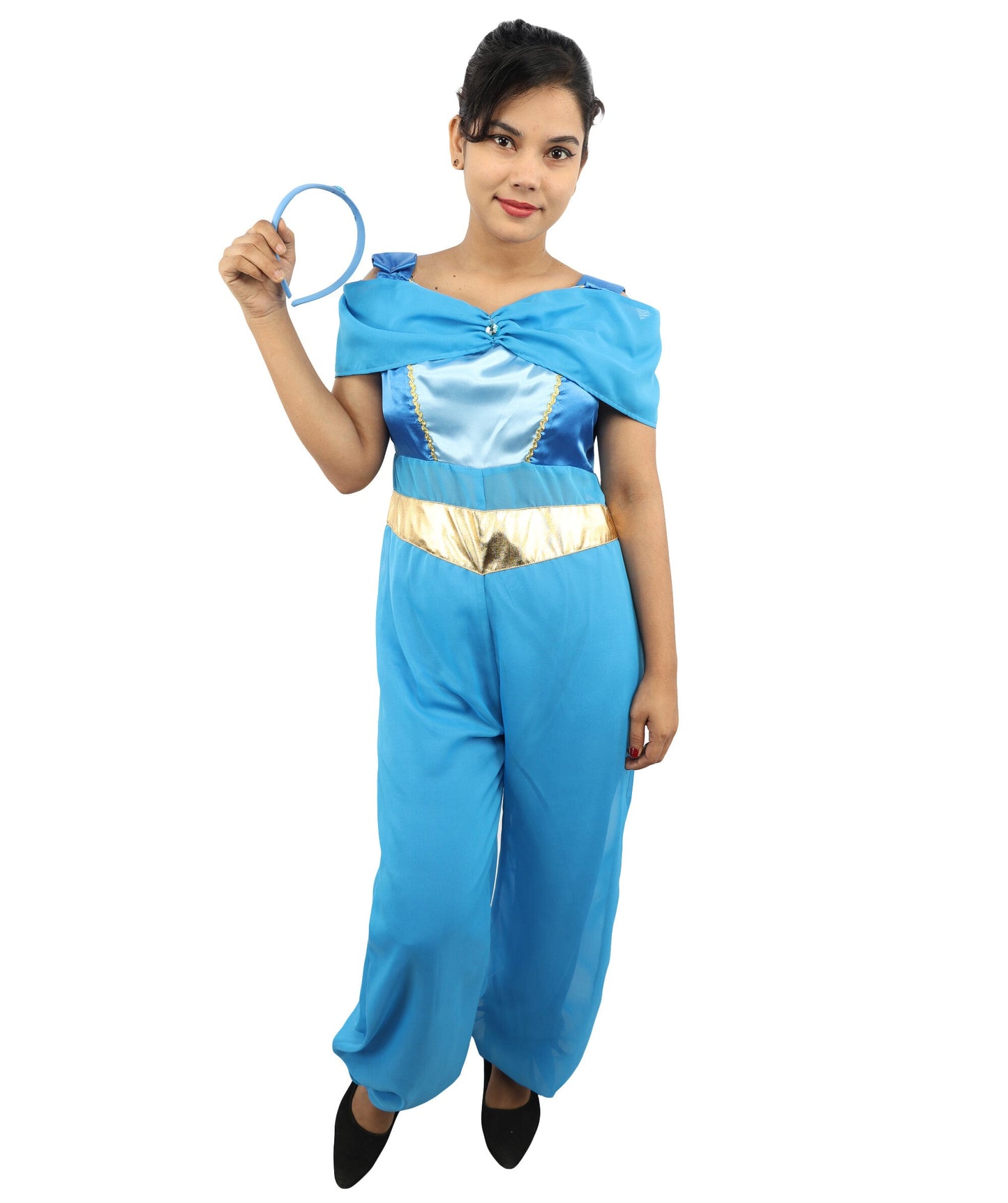 Women’s Blue Arabian Princess Costume | Fantasy Outfit with Head Accessory | Genie-Style Outfit for Halloween, Cosplay & Themed Parties