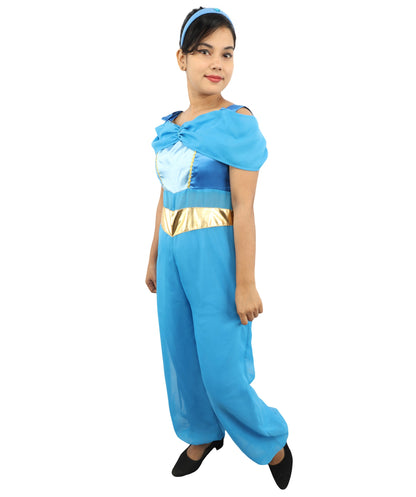 Women’s Blue Arabian Princess Costume | Fantasy Outfit with Head Accessory | Genie-Style Outfit for Halloween, Cosplay & Themed Parties