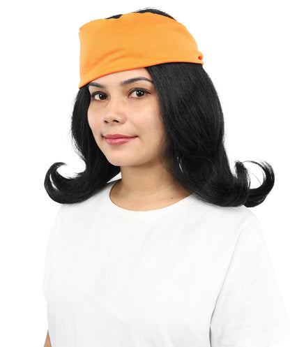 HPO Women’s Black Wig with Orange Bandana | Synthetic Wigs for Halloween, Cosplay, Festivals, Parties & Stage