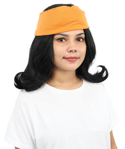 HPO Women’s Black Wig with Orange Bandana | Synthetic Wigs for Halloween, Cosplay, Festivals, Parties & Stage