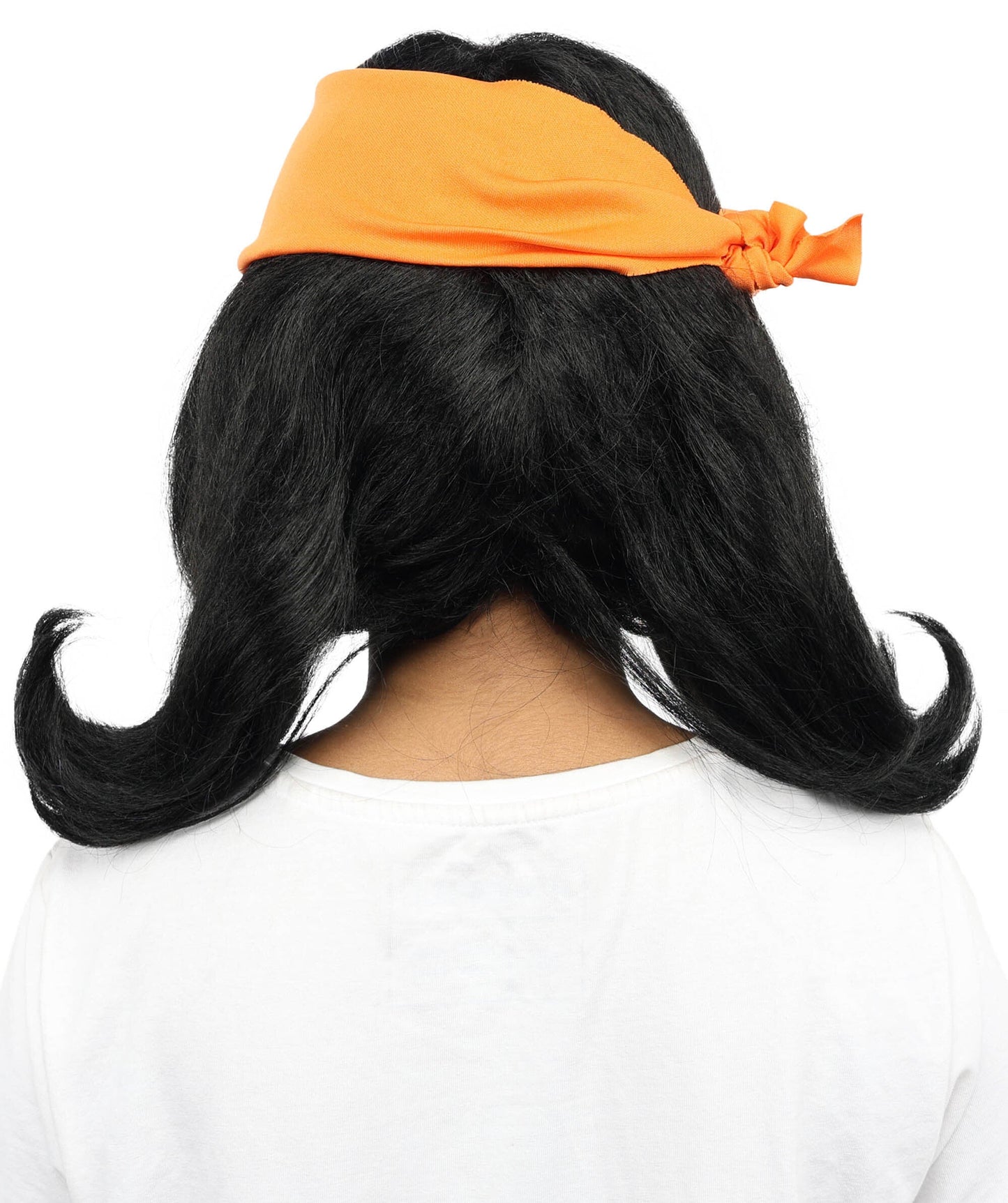 HPO Women’s Black Wig with Orange Bandana | Synthetic Wigs for Halloween, Cosplay, Festivals, Parties & Stage