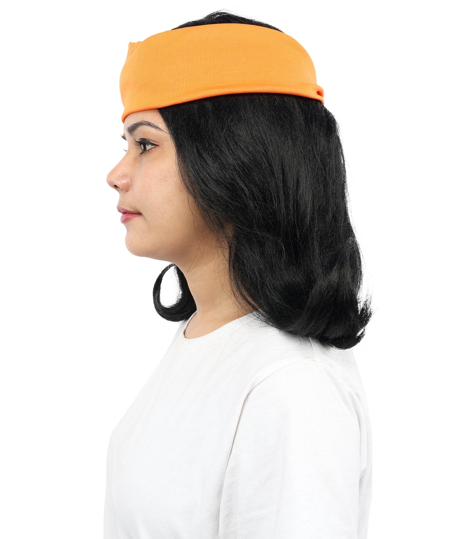 HPO Women’s Black Wig with Orange Bandana | Synthetic Wigs for Halloween, Cosplay, Festivals, Parties & Stage