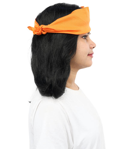 HPO Women’s Black Wig with Orange Bandana | Synthetic Wigs for Halloween, Cosplay, Festivals, Parties & Stage