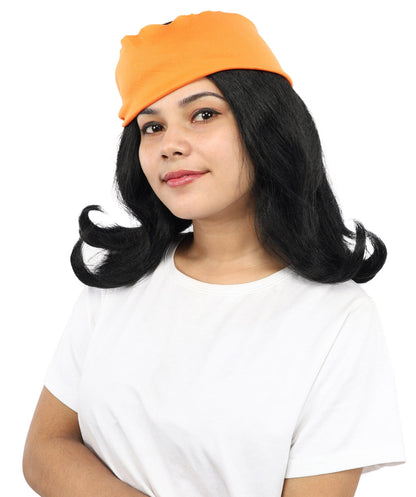 HPO Women’s Black Wig with Orange Bandana | Synthetic Wigs for Halloween, Cosplay, Festivals, Parties & Stage