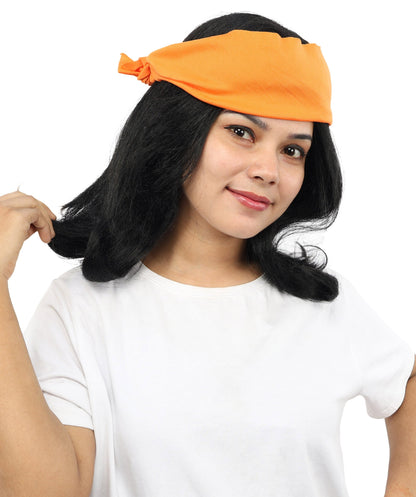 HPO Women’s Black Wig with Orange Bandana | Synthetic Wigs for Halloween, Cosplay, Festivals, Parties & Stage