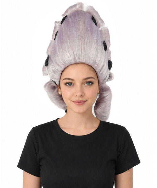 Women's Historical Aristocrat Wig | Purple synthetic fibers with tall voluminous rolled curls black ribbons and capless construction | Essential for theatrical stage drag performance costume events and party