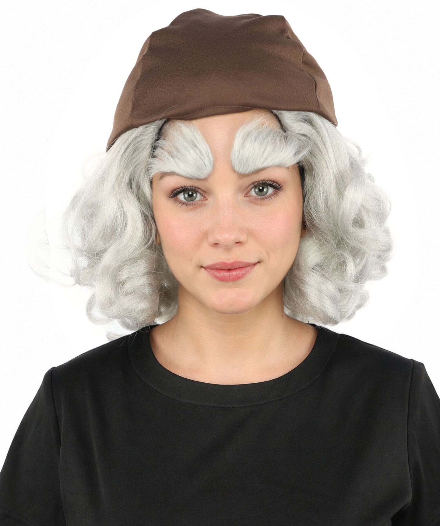 Women's Elderly Peasant Hat Wig | Grey frizzy synthetic side curls attached to dark headwear with thick eyebrows and capless base | Essential for theatrical stage drag performance costume events and party