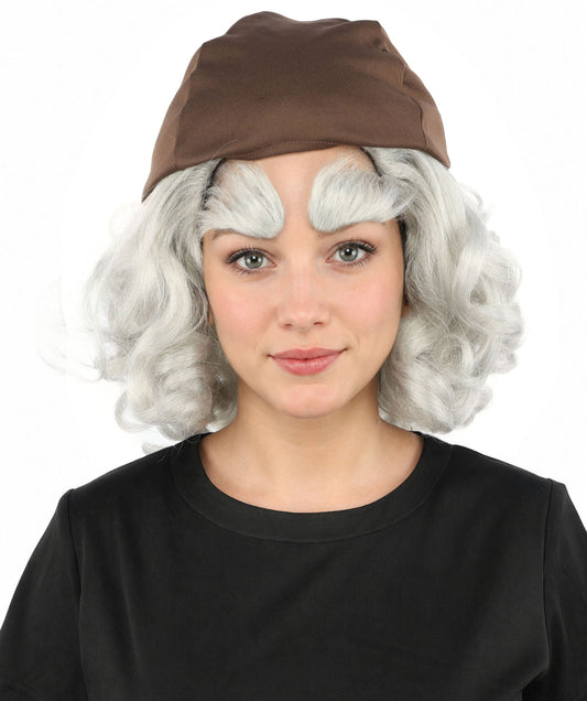 Women's Elderly Peasant Hat Wig | Grey frizzy synthetic side curls attached to dark headwear with thick eyebrows and capless base | Essential for theatrical stage drag performance costume events and party