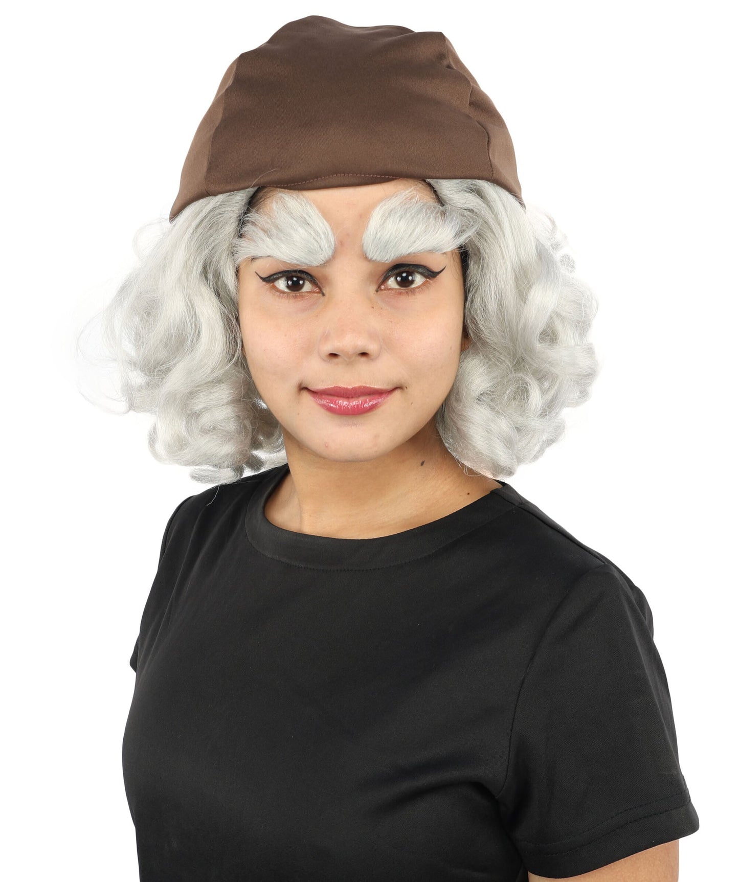 Women's Elderly Peasant Hat Wig | Grey frizzy synthetic side curls attached to dark headwear with thick eyebrows and capless base | Essential for theatrical stage drag performance costume events and party