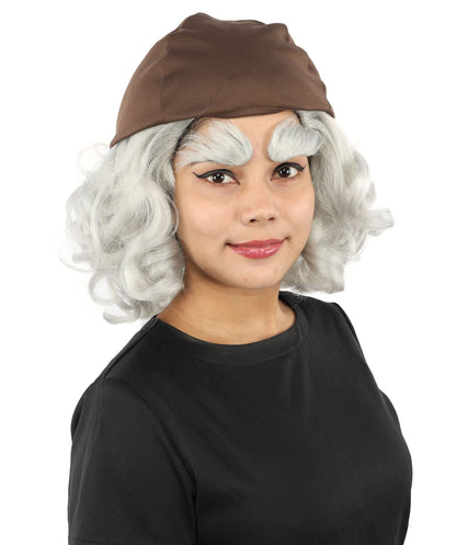 Women's Elderly Peasant Hat Wig | Grey frizzy synthetic side curls attached to dark headwear with thick eyebrows and capless base | Essential for theatrical stage drag performance costume events and party