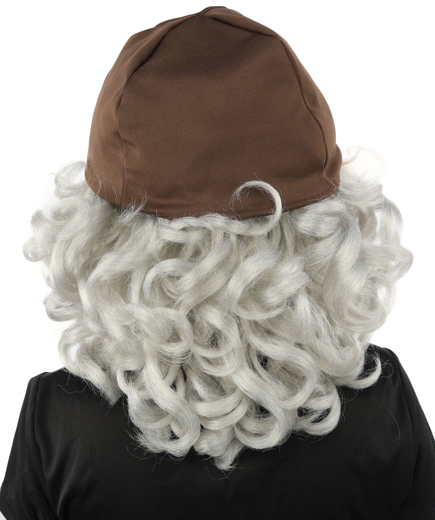 Women's Elderly Peasant Hat Wig | Grey frizzy synthetic side curls attached to dark headwear with thick eyebrows and capless base | Essential for theatrical stage drag performance costume events and party
