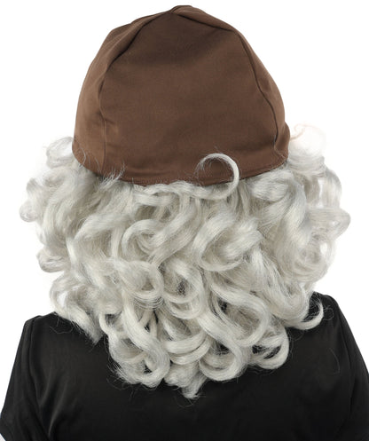 Women's Elderly Peasant Hat Wig | Grey frizzy synthetic side curls attached to dark headwear with thick eyebrows and capless base | Essential for theatrical stage drag performance costume events and party