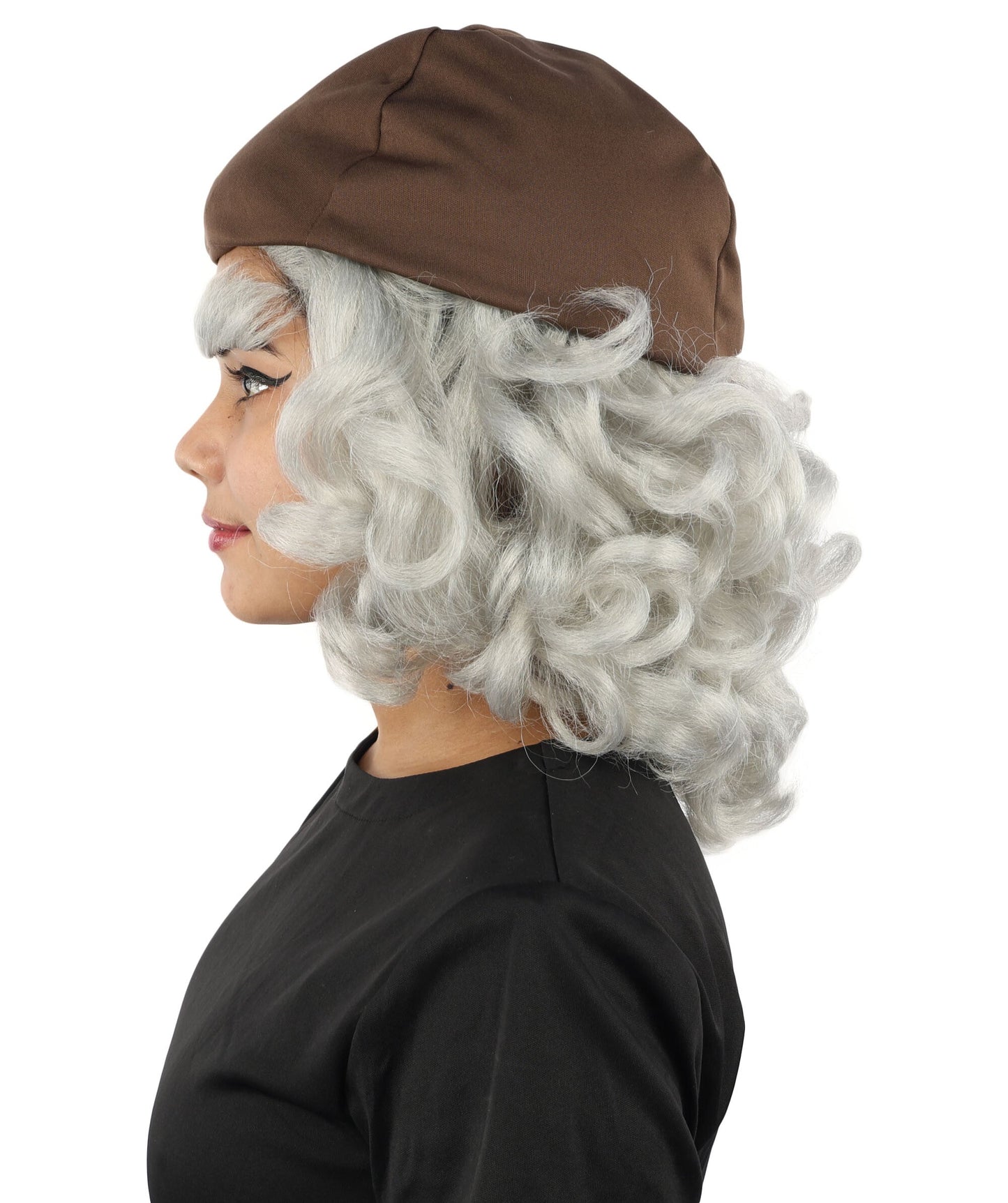Women's Elderly Peasant Hat Wig | Grey frizzy synthetic side curls attached to dark headwear with thick eyebrows and capless base | Essential for theatrical stage drag performance costume events and party