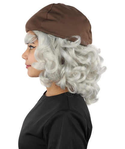 Women's Elderly Peasant Hat Wig | Grey frizzy synthetic side curls attached to dark headwear with thick eyebrows and capless base | Essential for theatrical stage drag performance costume events and party