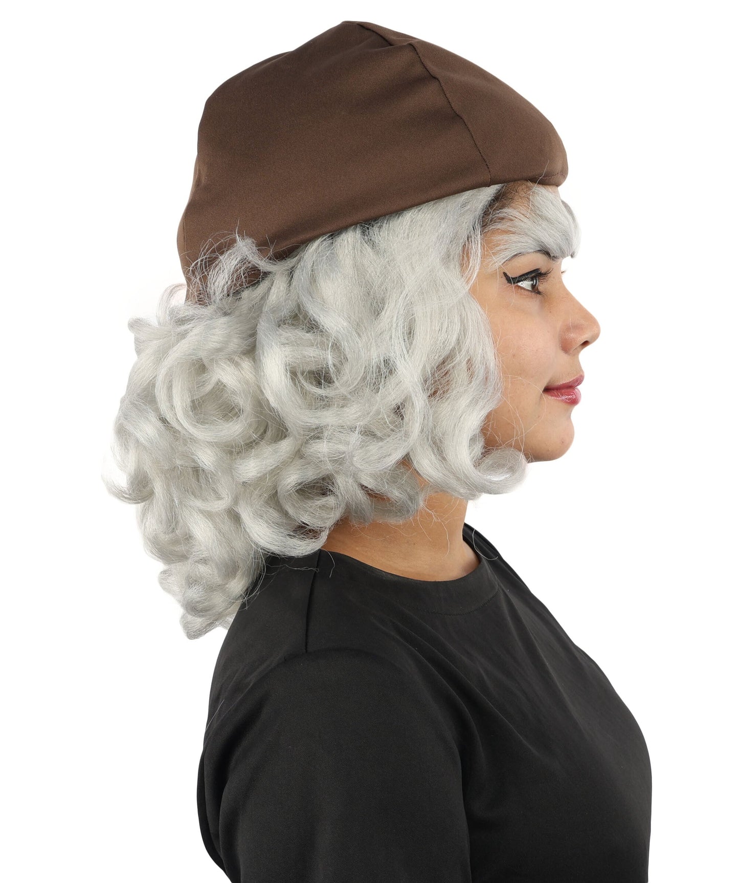 Women's Elderly Peasant Hat Wig | Grey frizzy synthetic side curls attached to dark headwear with thick eyebrows and capless base | Essential for theatrical stage drag performance costume events and party