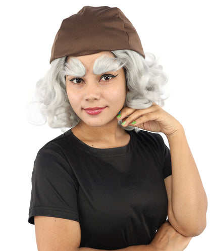 Women's Elderly Peasant Hat Wig | Grey frizzy synthetic side curls attached to dark headwear with thick eyebrows and capless base | Essential for theatrical stage drag performance costume events and party