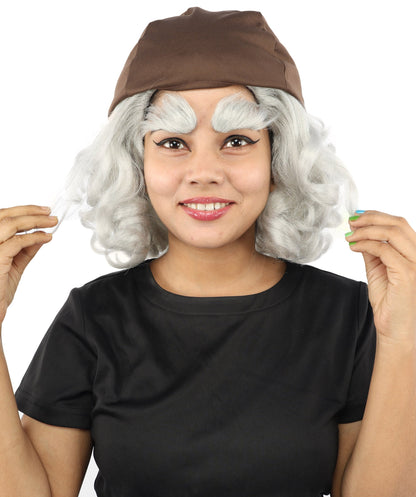 Women's Elderly Peasant Hat Wig | Grey frizzy synthetic side curls attached to dark headwear with thick eyebrows and capless base | Essential for theatrical stage drag performance costume events and party