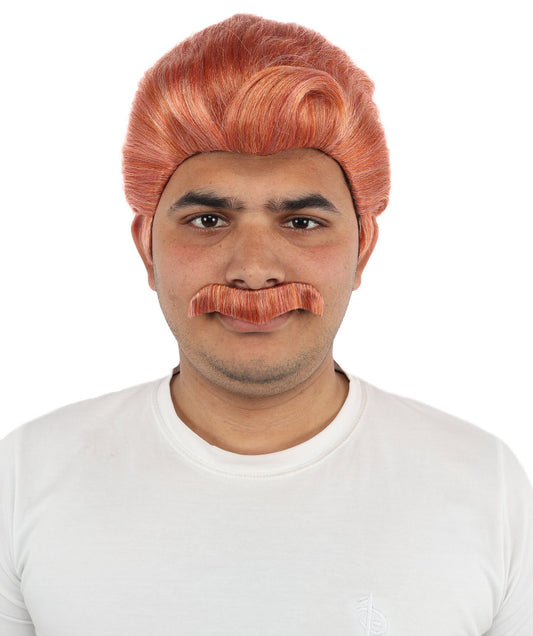 HPO Short Straight Wig in Bright Orange Color with Matching Mustache | Men’s Fun Retro Hair and Facial Hair Set | Designed for Stage Shows and Party Performances