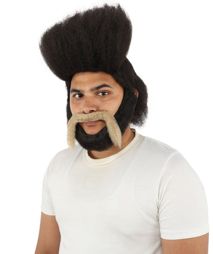 HPO Adult Men's High Top Mullet Wig, mustache and Beard| Solid dark tone, create of synthetic fiber, dense tall afro texture with flowing back, breathable base | Party, Halloween, theater, drag, performance, costume events