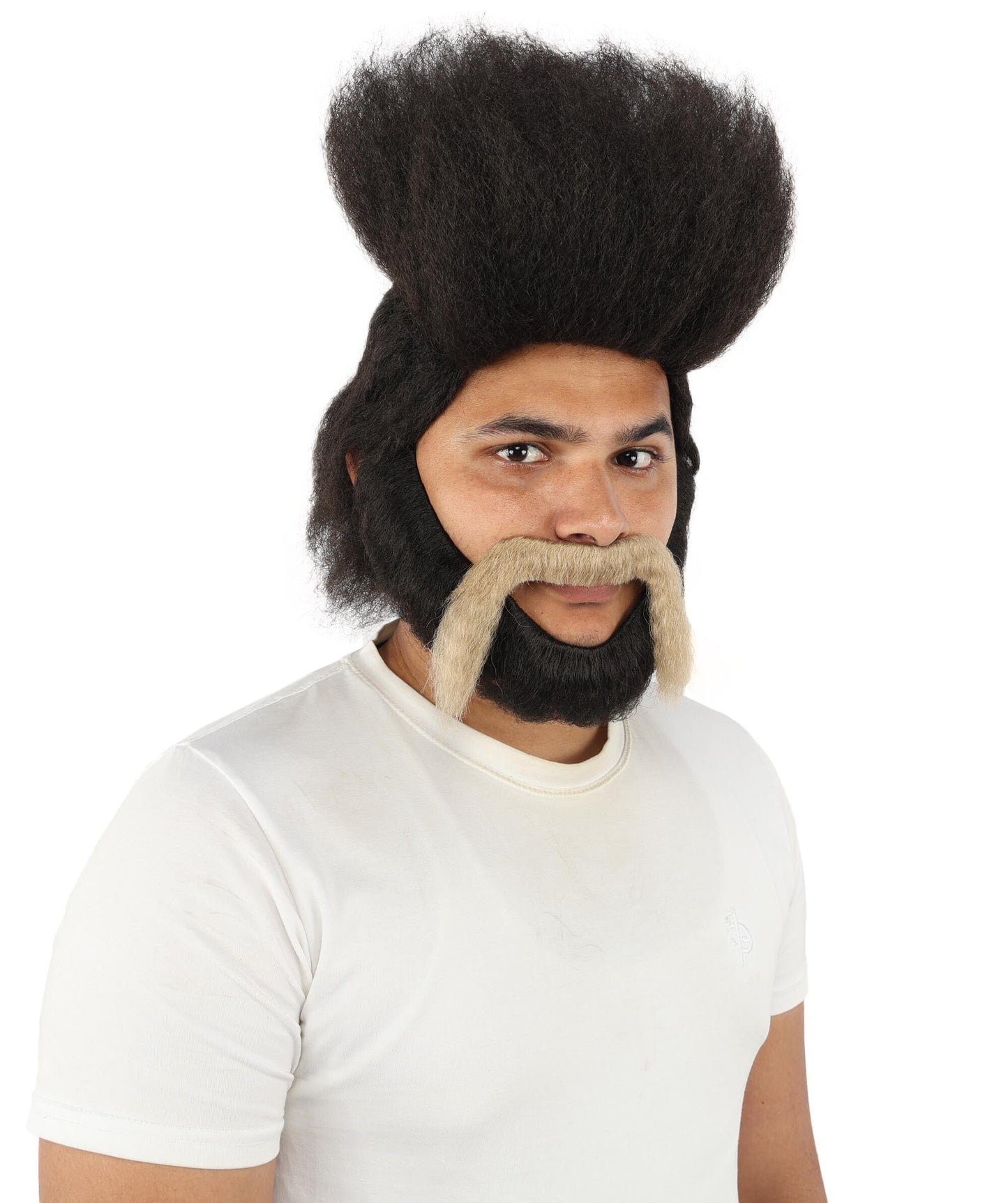 HPO Adult Men's High Top Mullet Wig, mustache and Beard| Solid dark tone, create of synthetic fiber, dense tall afro texture with flowing back, breathable base | Party, Halloween, theater, drag, performance, costume events