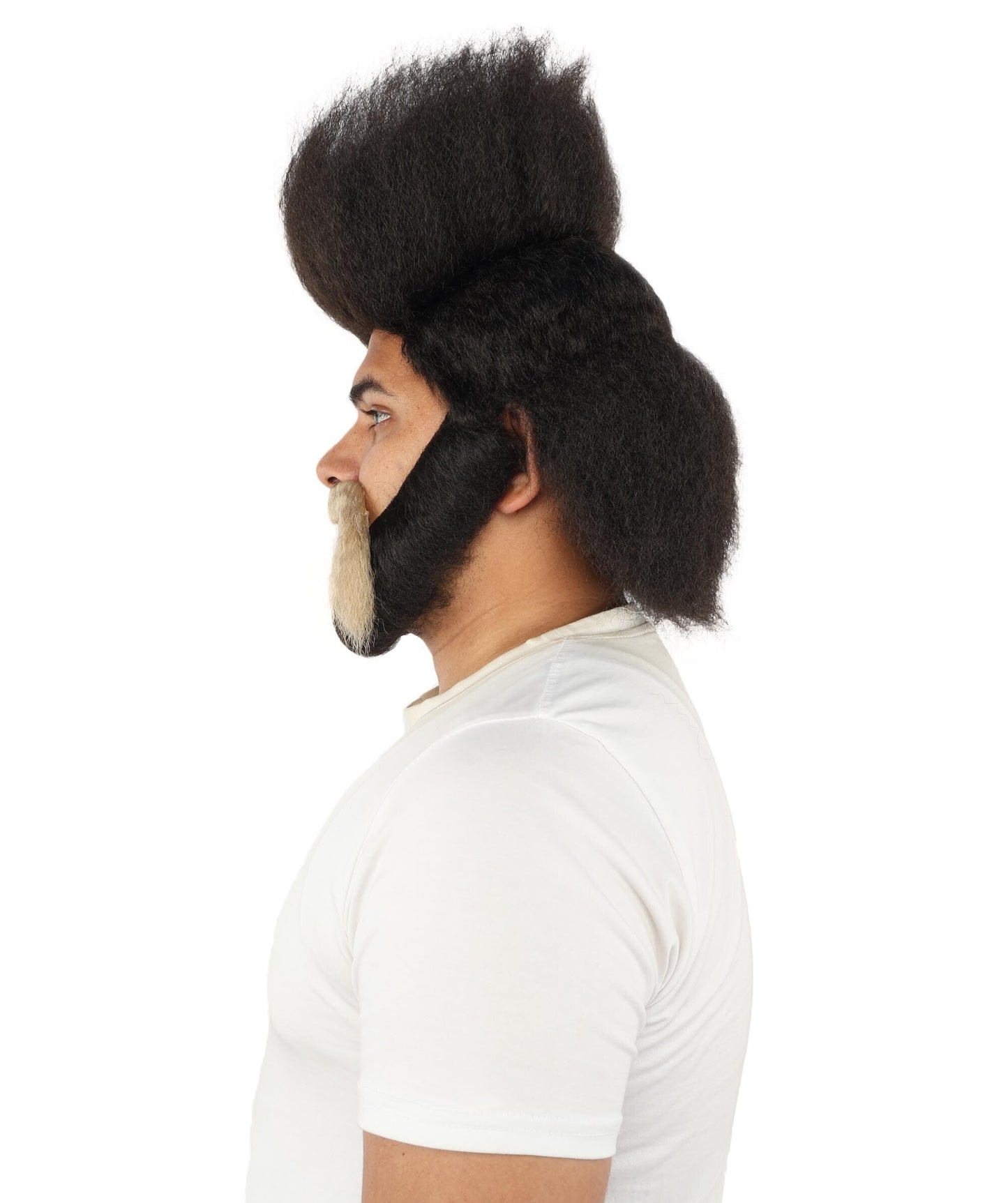 HPO Adult Men's High Top Mullet Wig, mustache and Beard| Solid dark tone, create of synthetic fiber, dense tall afro texture with flowing back, breathable base | Party, Halloween, theater, drag, performance, costume events