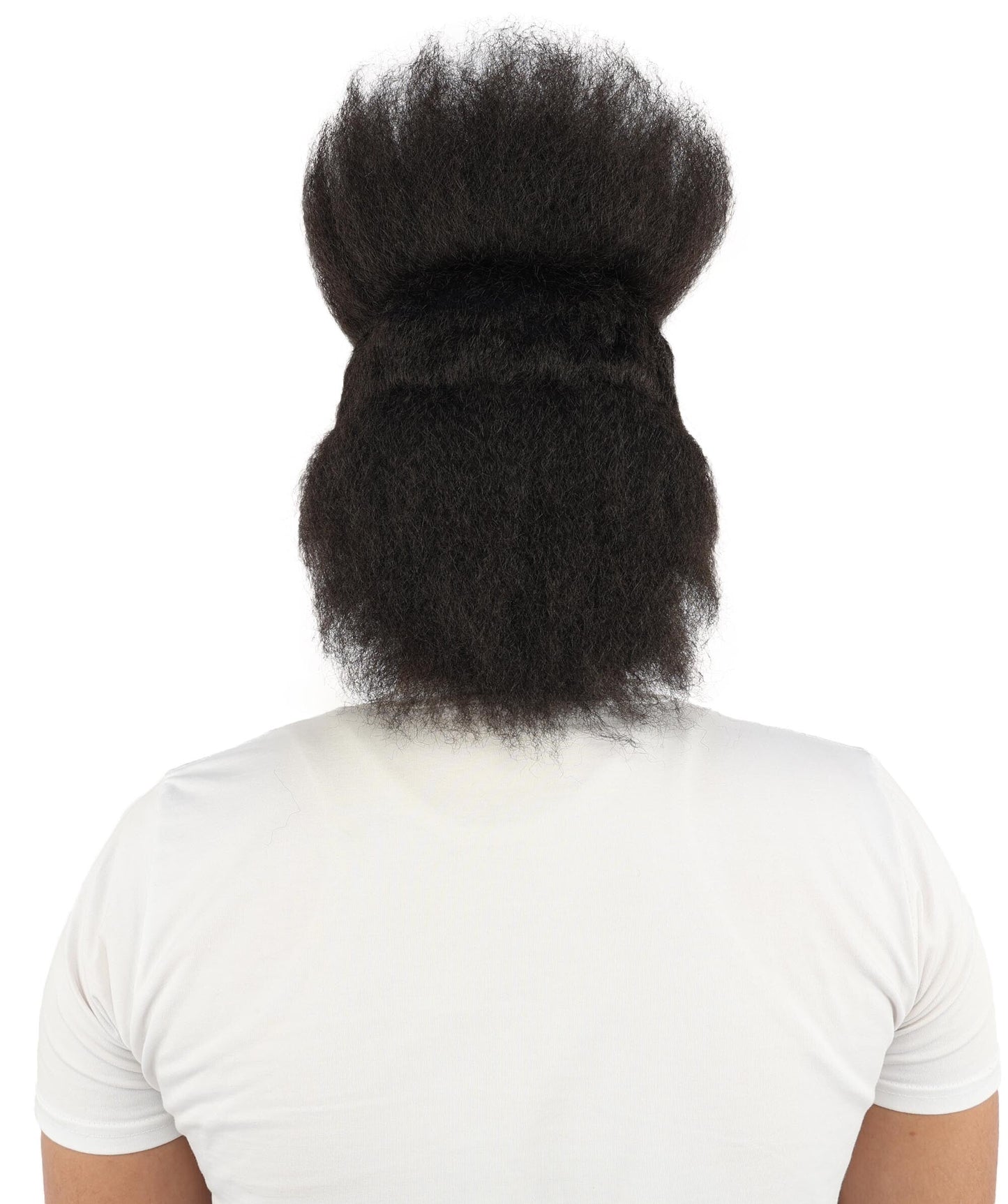 HPO Adult Men's High Top Mullet Wig, mustache and Beard| Solid dark tone, create of synthetic fiber, dense tall afro texture with flowing back, breathable base | Party, Halloween, theater, drag, performance, costume events