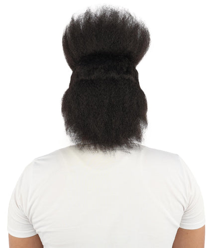 HPO Adult Men's High Top Mullet Wig, mustache and Beard| Solid dark tone, create of synthetic fiber, dense tall afro texture with flowing back, breathable base | Party, Halloween, theater, drag, performance, costume events