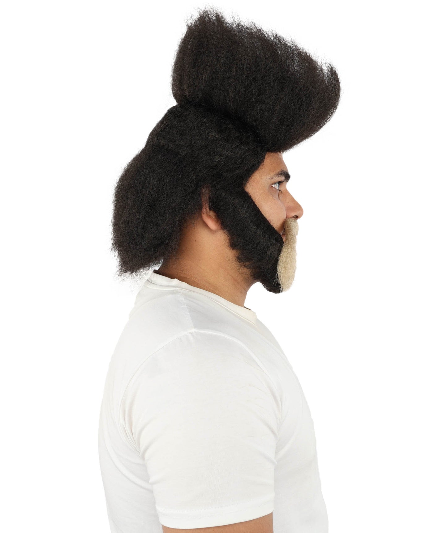 HPO Adult Men's High Top Mullet Wig, mustache and Beard| Solid dark tone, create of synthetic fiber, dense tall afro texture with flowing back, breathable base | Party, Halloween, theater, drag, performance, costume events