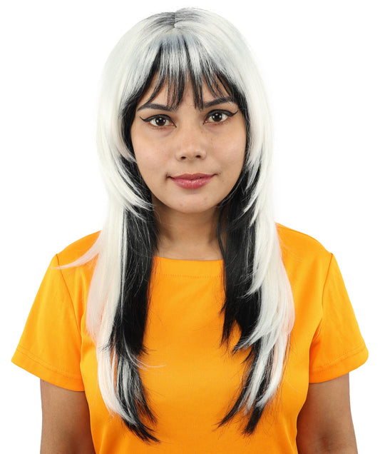 Adult Women's Black & White Long Choppy Layered Wig | Flame-Retardant Synthetic Fiber With Capless Cap | Ideal For Theater, Halloween And Cosplay
