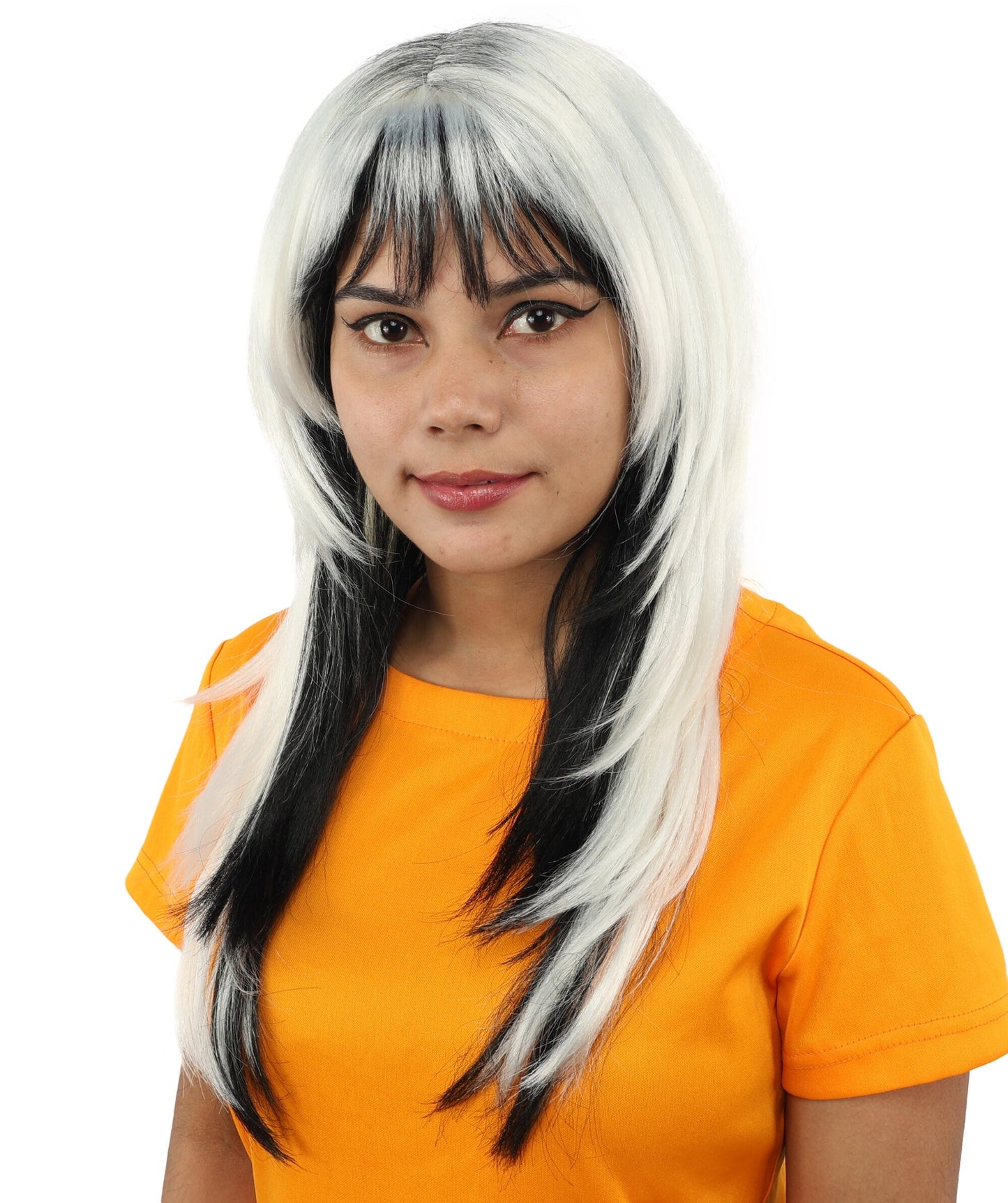 Adult Women's Black & White Long Choppy Layered Wig | Flame-Retardant Synthetic Fiber With Capless Cap | Ideal For Theater, Halloween And Cosplay