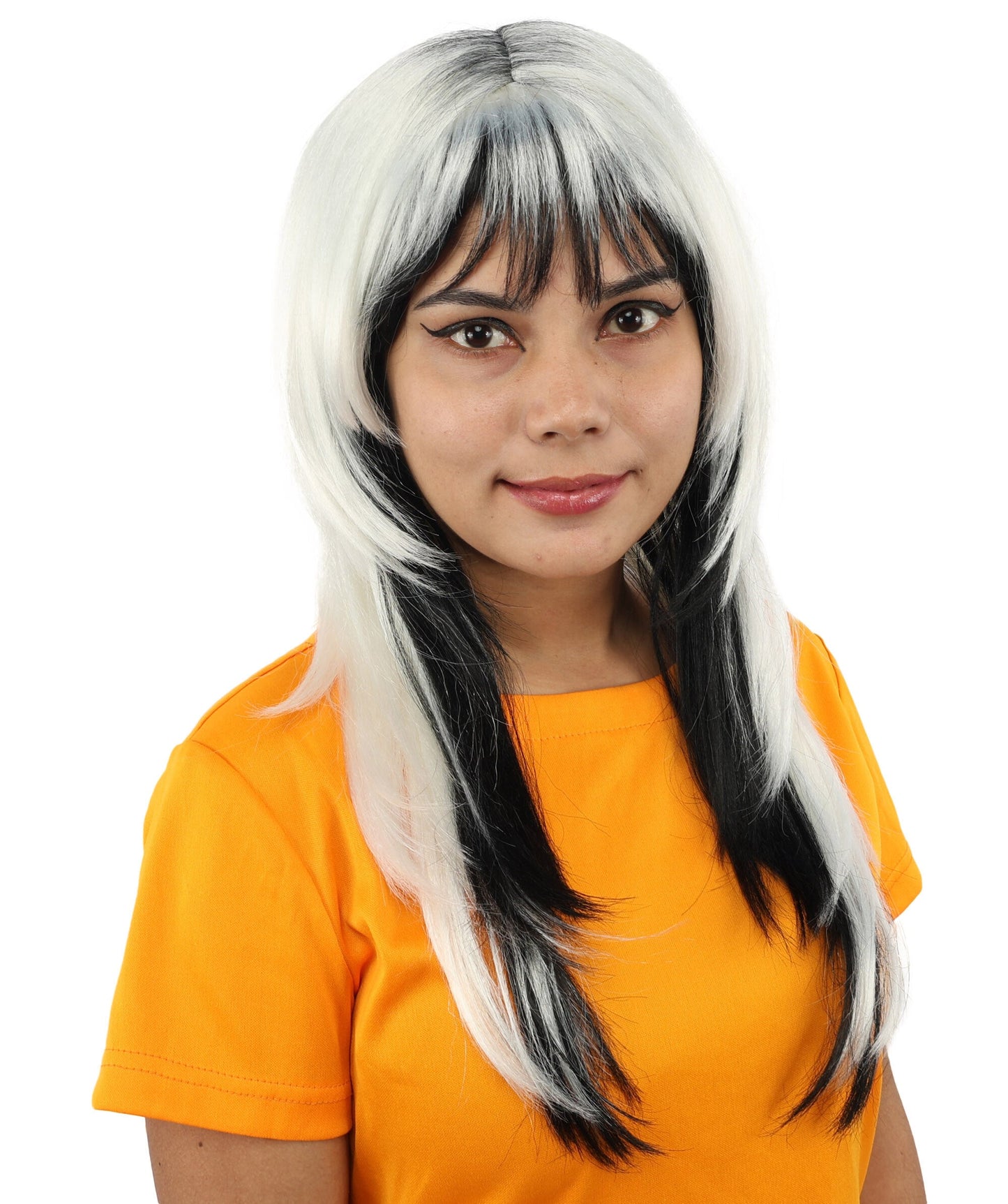 Adult Women's Black & White Long Choppy Layered Wig | Flame-Retardant Synthetic Fiber With Capless Cap | Ideal For Theater, Halloween And Cosplay