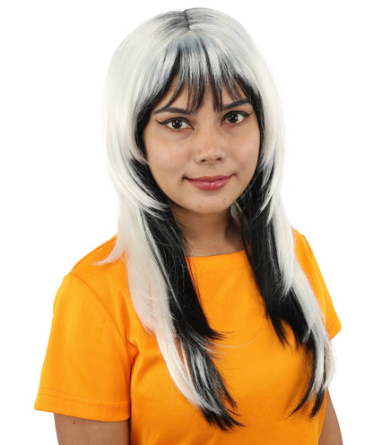 Adult Women's Black & White Long Choppy Layered Wig | Flame-Retardant Synthetic Fiber With Capless Cap | Ideal For Theater, Halloween And Cosplay