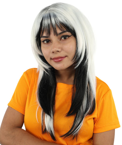 Adult Women's Black & White Long Choppy Layered Wig | Flame-Retardant Synthetic Fiber With Capless Cap | Ideal For Theater, Halloween And Cosplay