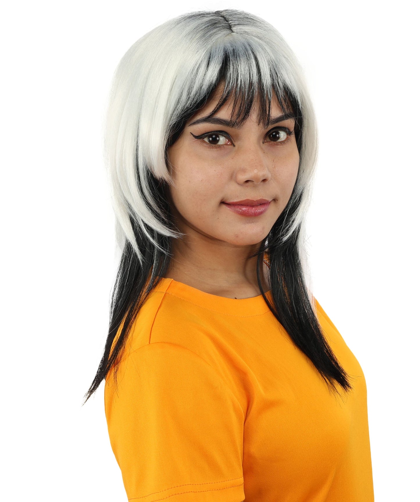 Adult Women's Black & White Long Choppy Layered Wig | Flame-Retardant Synthetic Fiber With Capless Cap | Ideal For Theater, Halloween And Cosplay