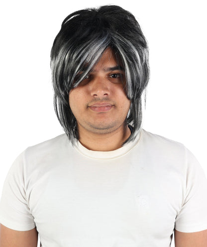 Edgy Asymmetrical Mens Black & White Wig | Layered straight synthetic fibers with heavy sweeping fringe and capless construction | Essential for theatrical stage drag performance costume events and party