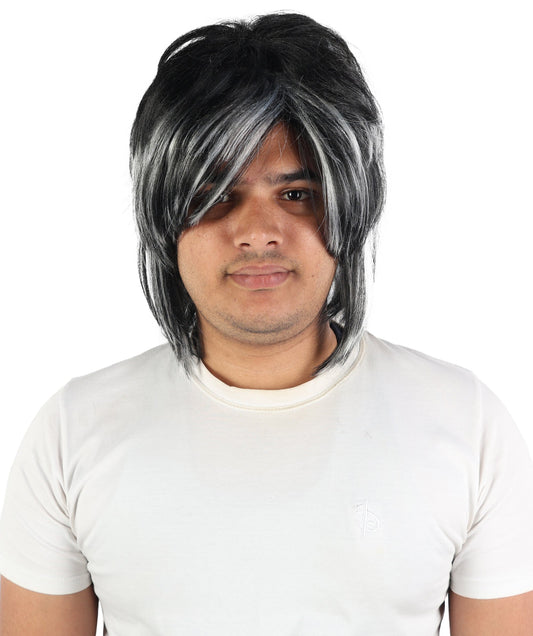 Edgy Asymmetrical Mens Black & White Wig | Layered straight synthetic fibers with heavy sweeping fringe and capless construction | Essential for theatrical stage drag performance costume events and party