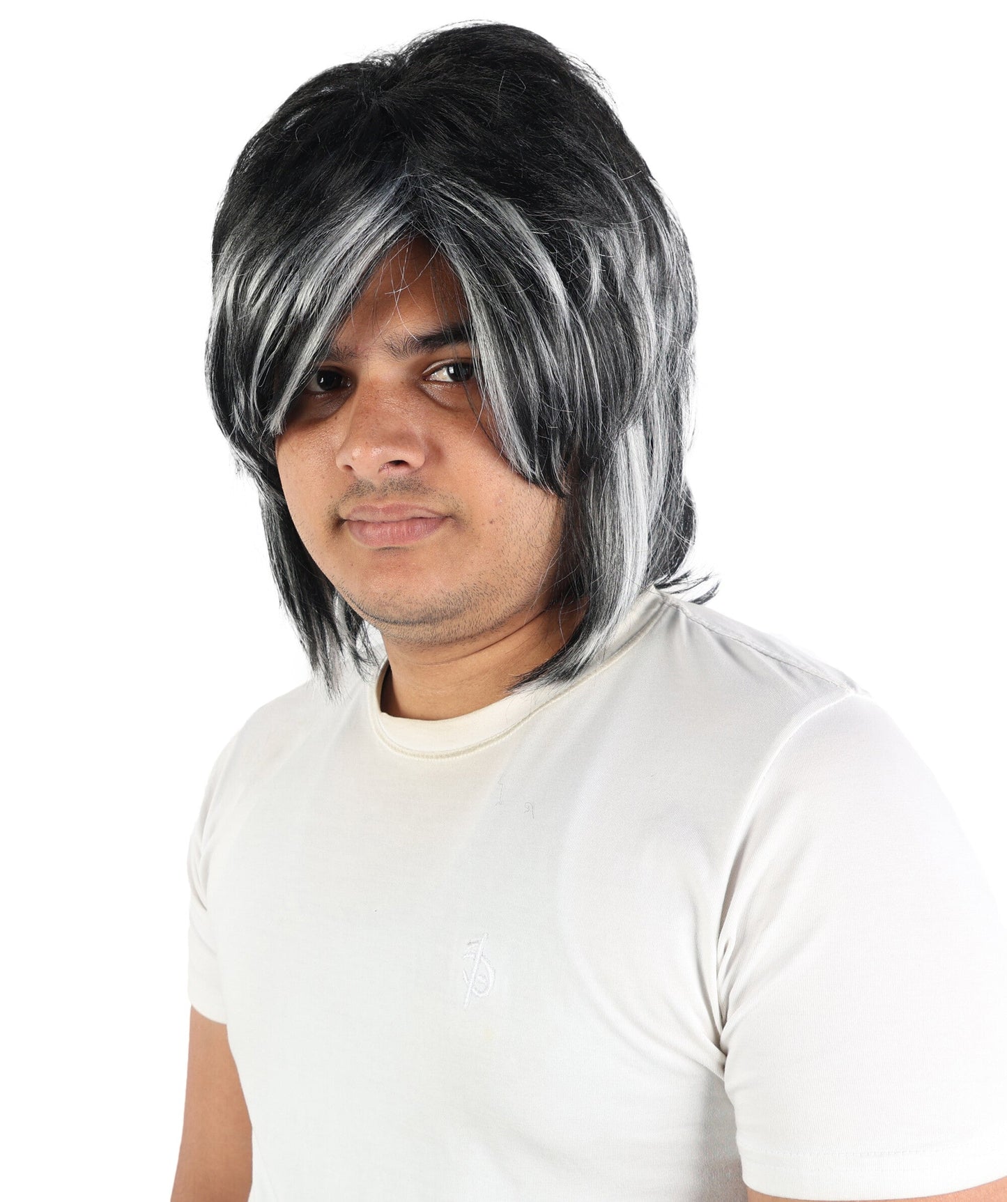 Edgy Asymmetrical Mens Black & White Wig | Layered straight synthetic fibers with heavy sweeping fringe and capless construction | Essential for theatrical stage drag performance costume events and party