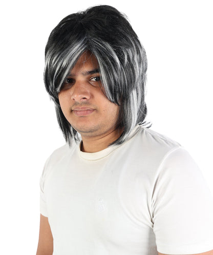 Edgy Asymmetrical Mens Black & White Wig | Layered straight synthetic fibers with heavy sweeping fringe and capless construction | Essential for theatrical stage drag performance costume events and party