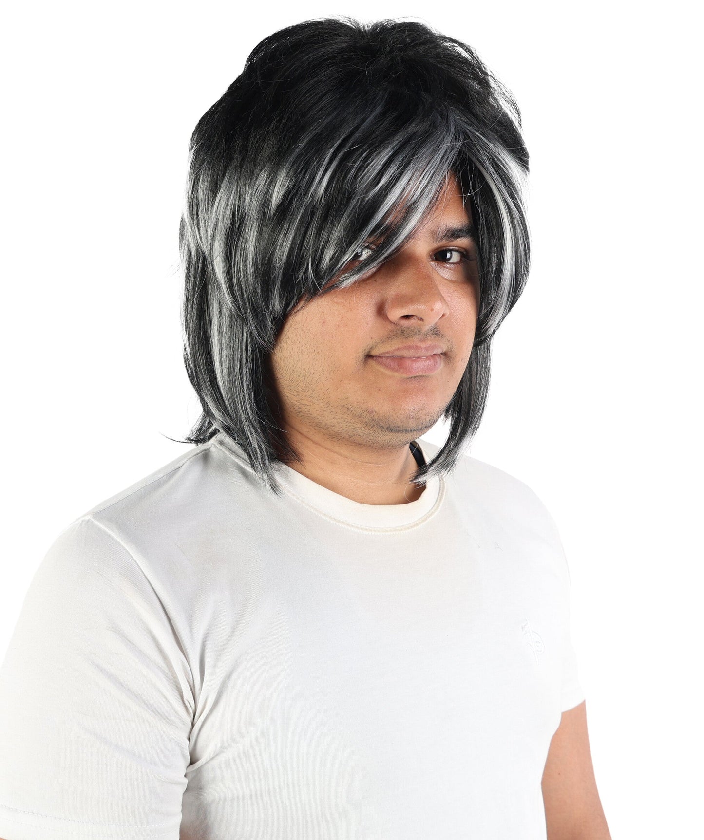 Edgy Asymmetrical Mens Black & White Wig | Layered straight synthetic fibers with heavy sweeping fringe and capless construction | Essential for theatrical stage drag performance costume events and party