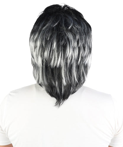 Edgy Asymmetrical Mens Black & White Wig | Layered straight synthetic fibers with heavy sweeping fringe and capless construction | Essential for theatrical stage drag performance costume events and party