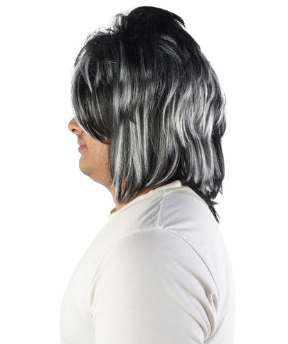 Edgy Asymmetrical Mens Black & White Wig | Layered straight synthetic fibers with heavy sweeping fringe and capless construction | Essential for theatrical stage drag performance costume events and party